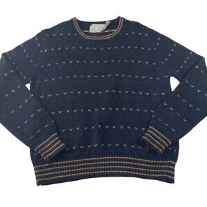 Vintage Hand Loomed Knit Sweater Size L, Blue with Red Green White Heart Pattern